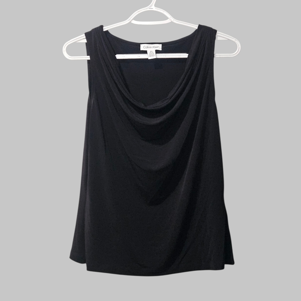Calvin Klein Black Cowl Neck Sleeveless Top Women’s Medium Draped Blouse Minimal